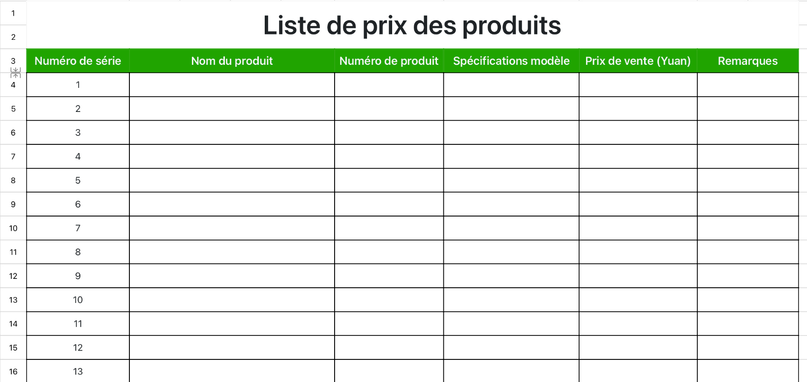 Liste de prix des produits Green Fresh